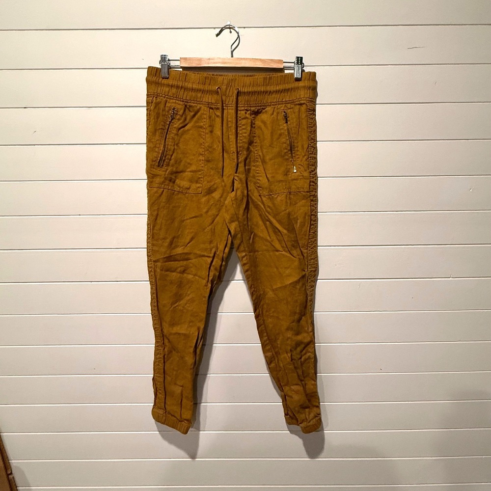 Athleta Cabo Linen Jogger Womens 6 Brown Mustard Yellow Cargo Pants Lightweight